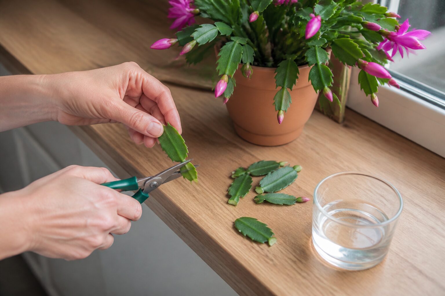 Bouturage du schlumbergera christmas cactus : geste précis sur rebord de cuisine en bois