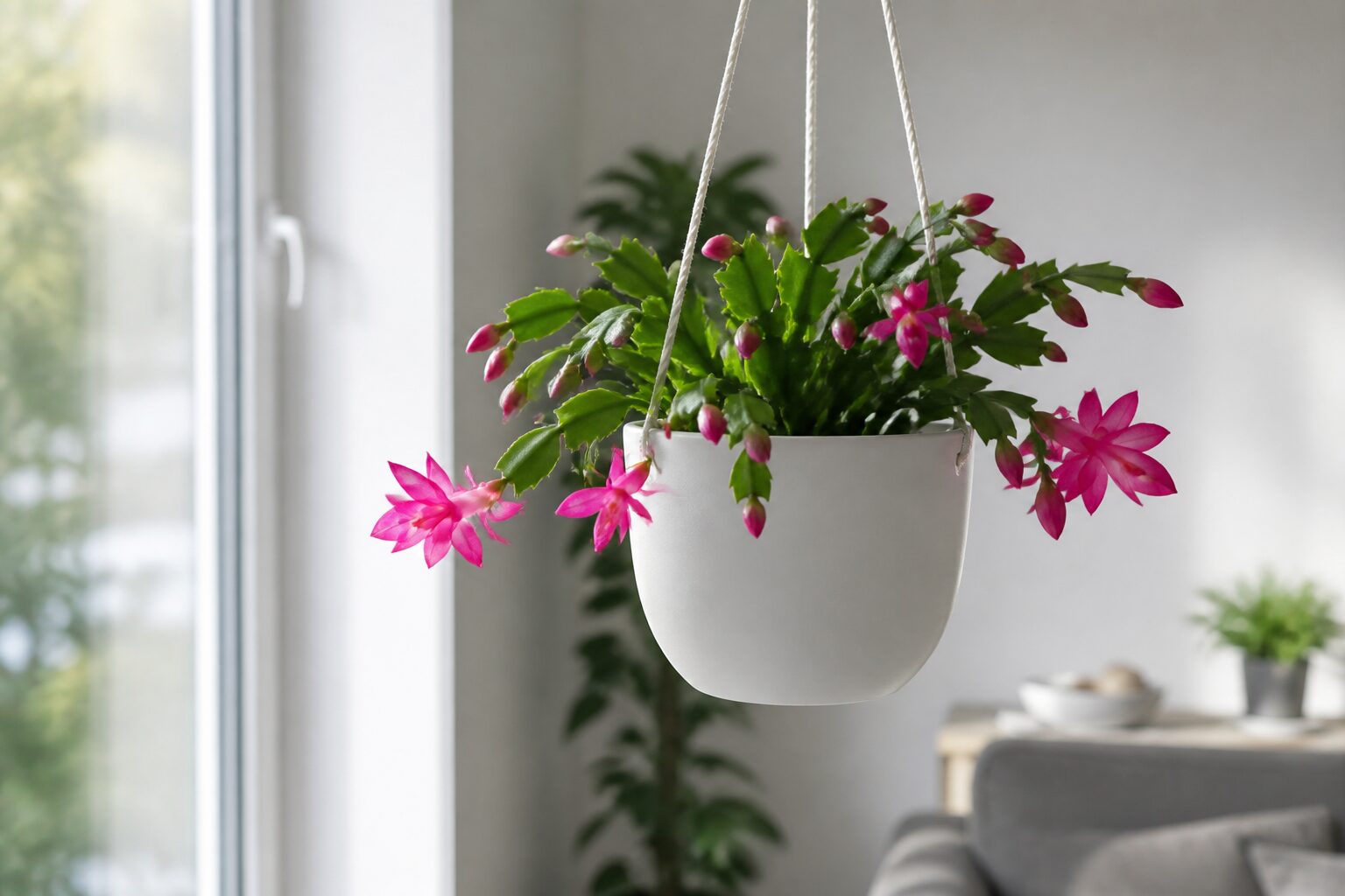 Cactus de Noël en suspension dans un pot céramique blanc mat, appartement lumineux
