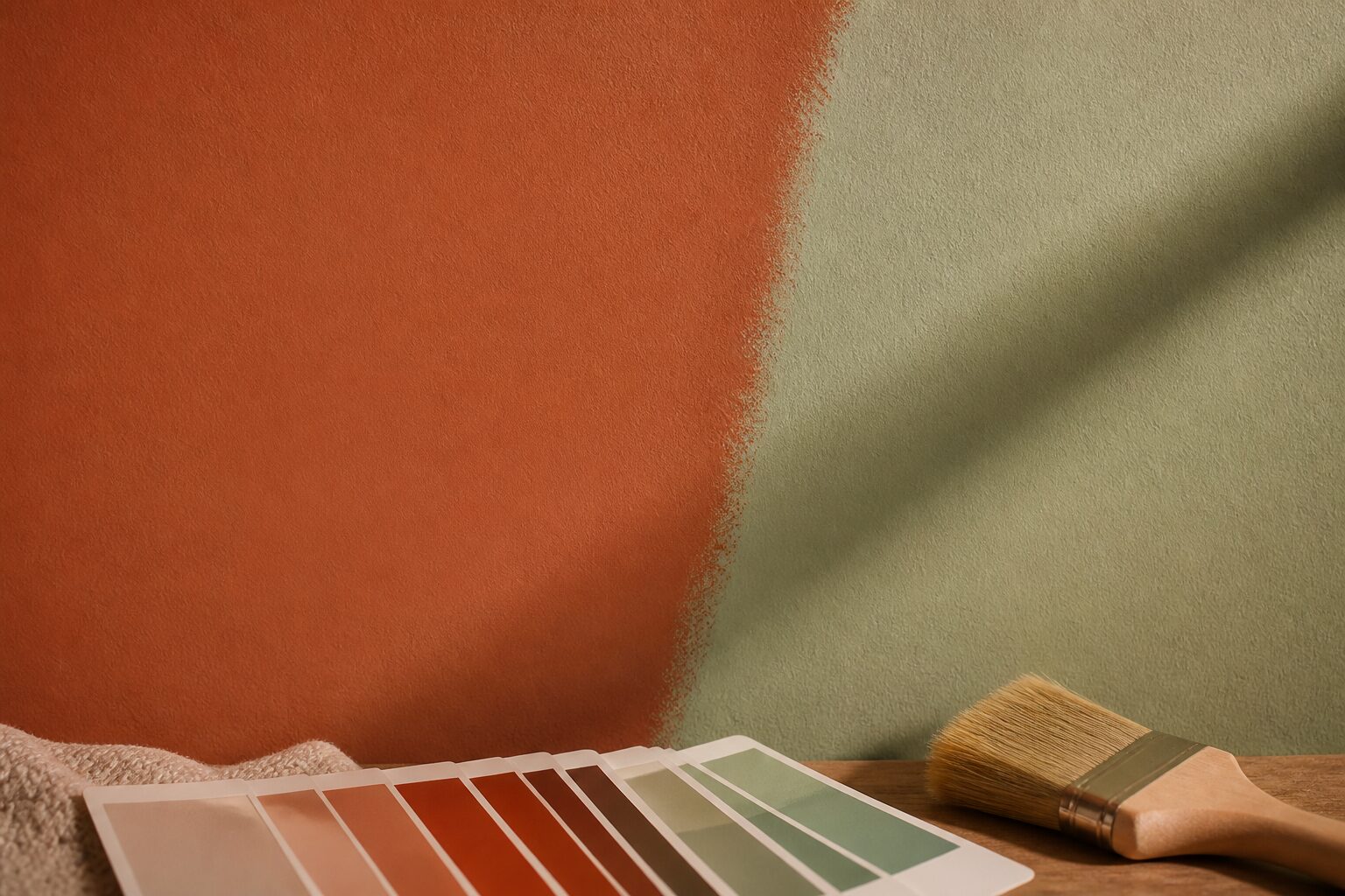 Mur peint en terracotta et vert sauge avec nuancier