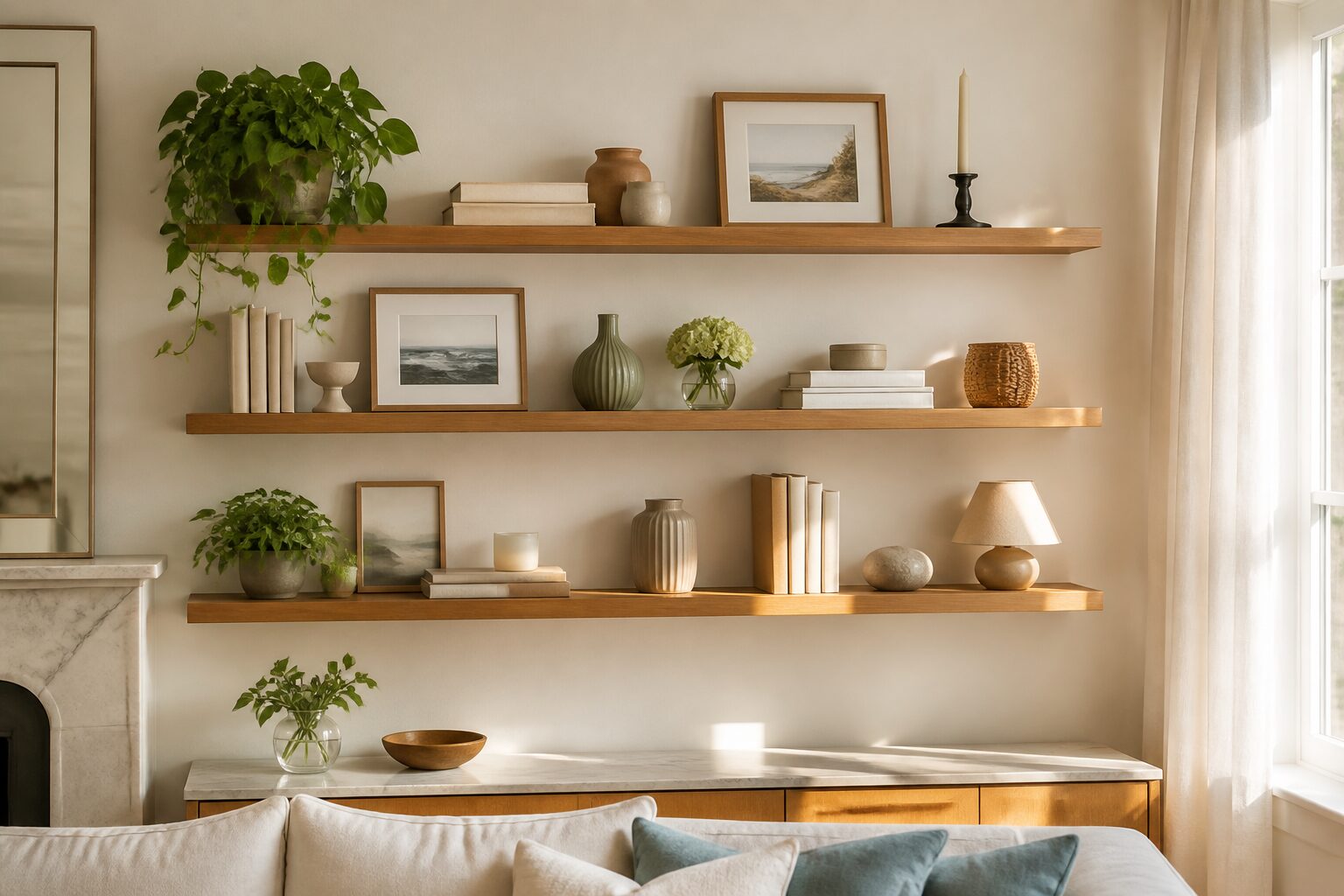 Étagère déco avec cadres, vase et bougie