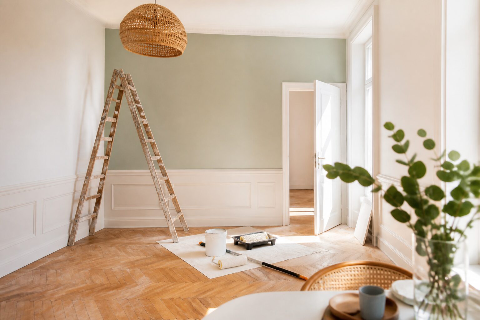 Pièce en rénovation avec mur fraîchement peint