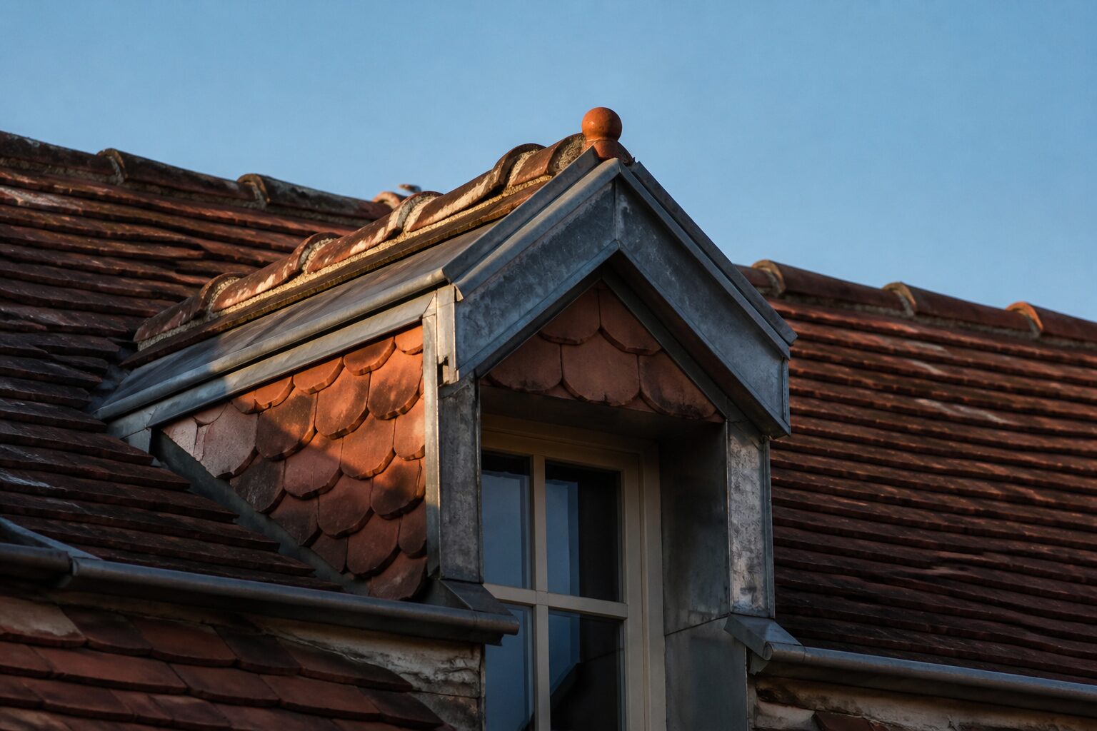 Chien assis jacobine en tuiles rouges sur toiture de maison de village