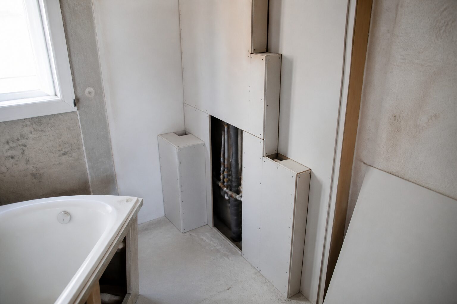 Coffrage placo sans rail sur tasseaux bois dans une salle de bain en rénovation