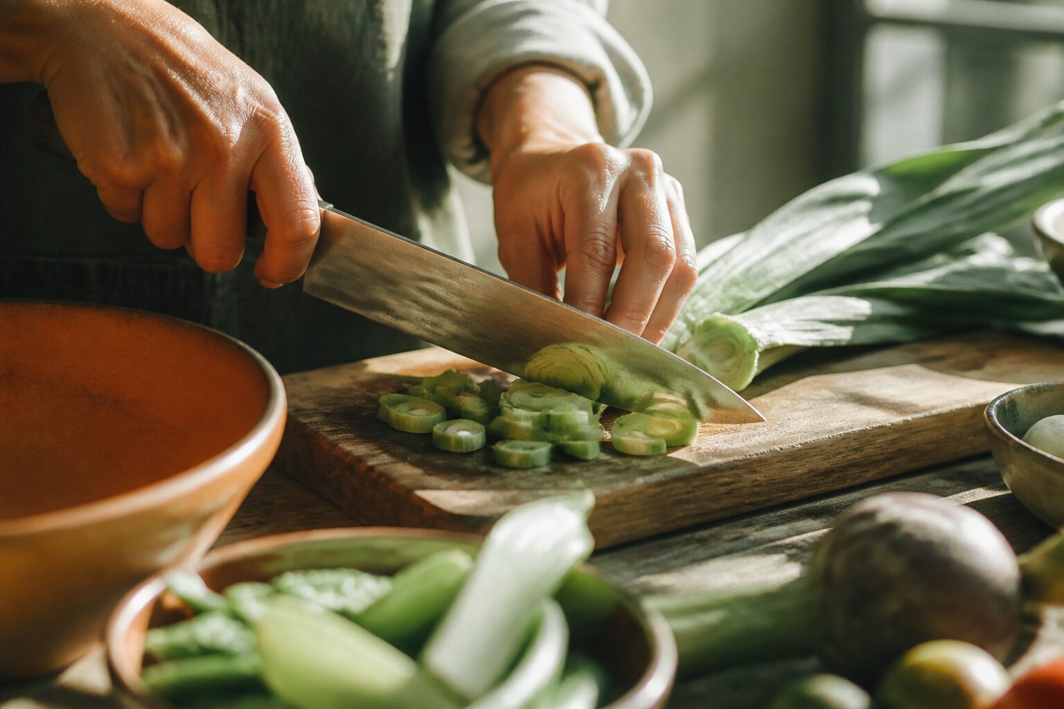 Gros plan sur des mains qui découpent des légumes frais sur planche en bois