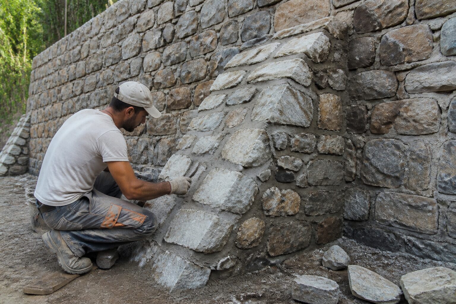 Maçon réalisant un contrefort en pierre sur un mur de soutènement extérieur, lumière naturelle de chantier
