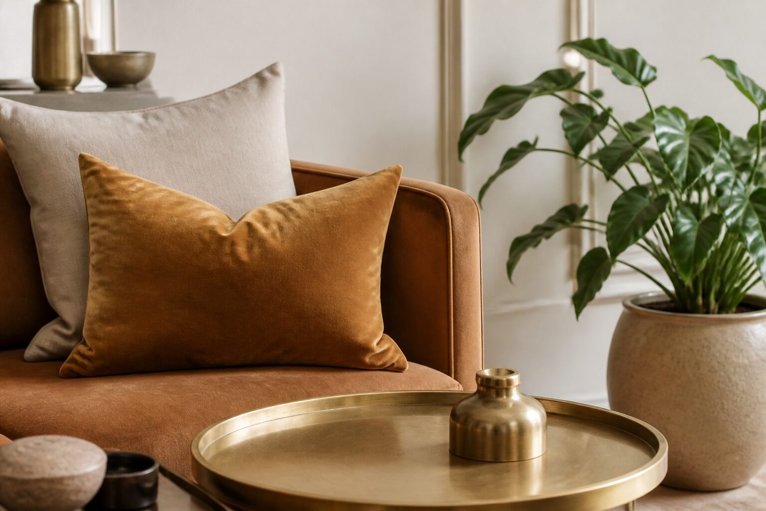 Détail déco intérieur camel et laiton brossé, coussin velours et plante en pot céramique