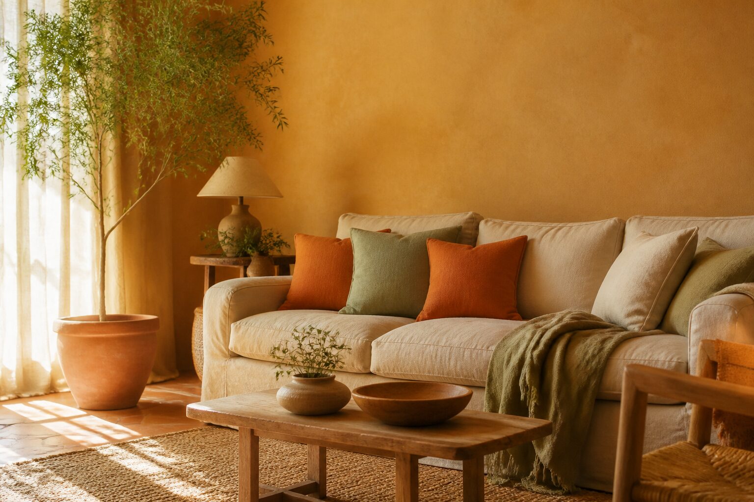 Salon chaleureux aux murs couleur ocre, canapé lin et coussins terracotta