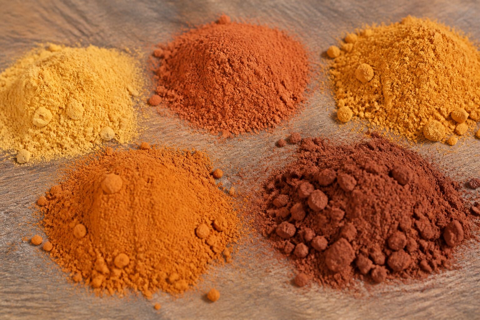 Pigments naturels ocre en nuances jaune doré, rouge brique et orangé sur table en bois brut