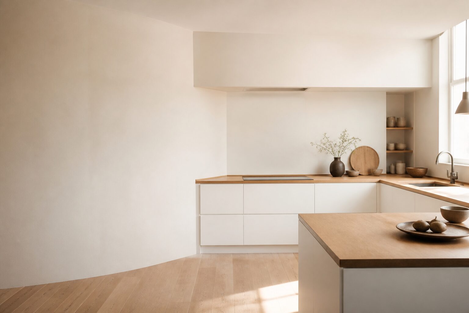 Cuisine blanche et bois naturel avec plan de travail en chêne clair et lumière de fenêtre latérale