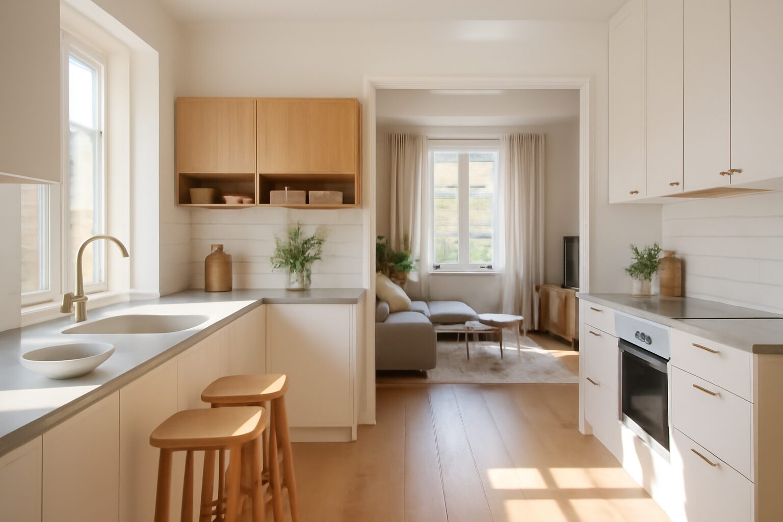 Cuisine blanche ouverte sur salon avec accents en bois clair et lumière naturelle, ambiance scandinave moderne