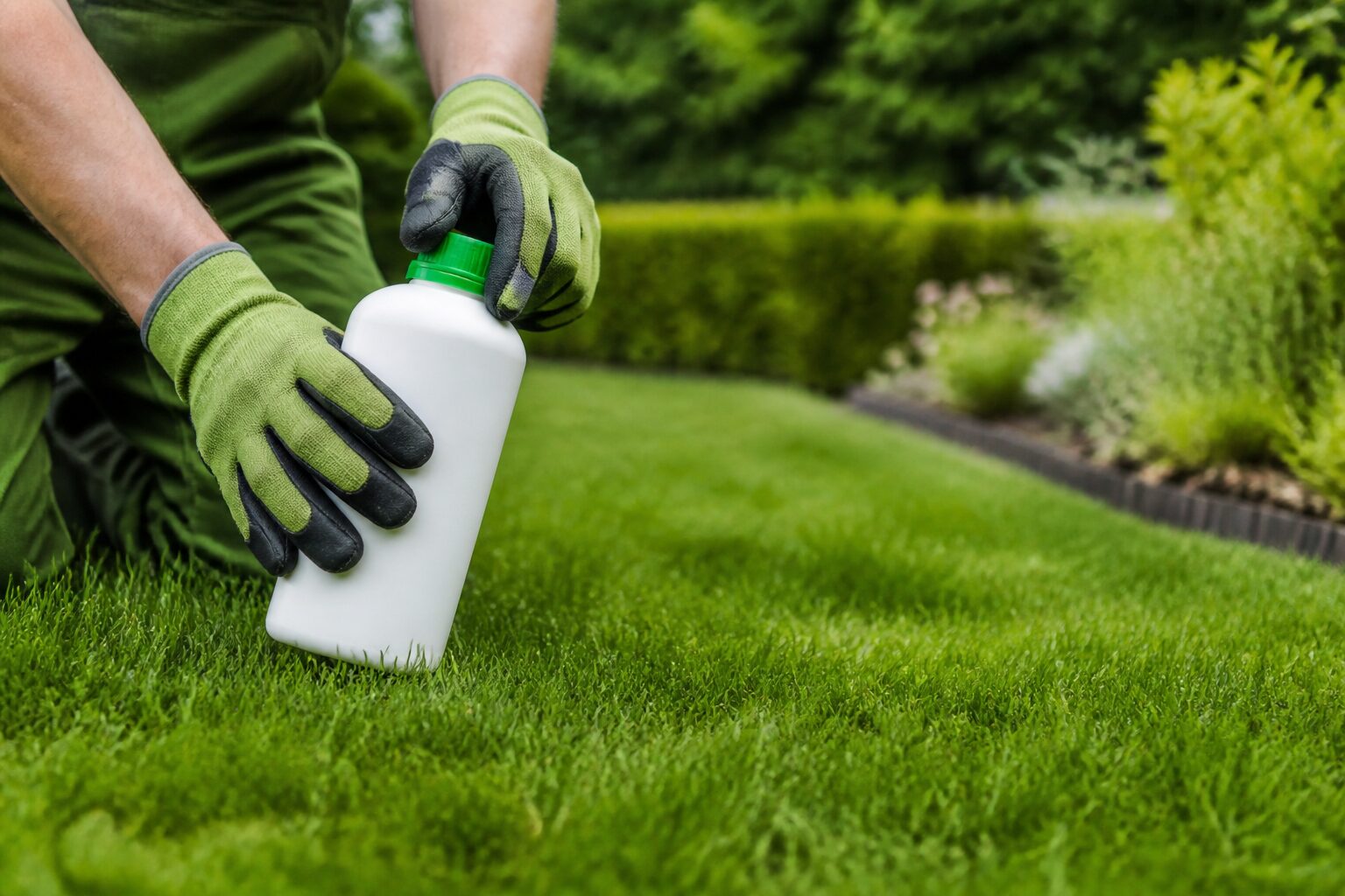 Mains gantées de jardinier tenant un flacon de traitement au-dessus d'une pelouse verte entretenue, lumière extérieure naturelle douce