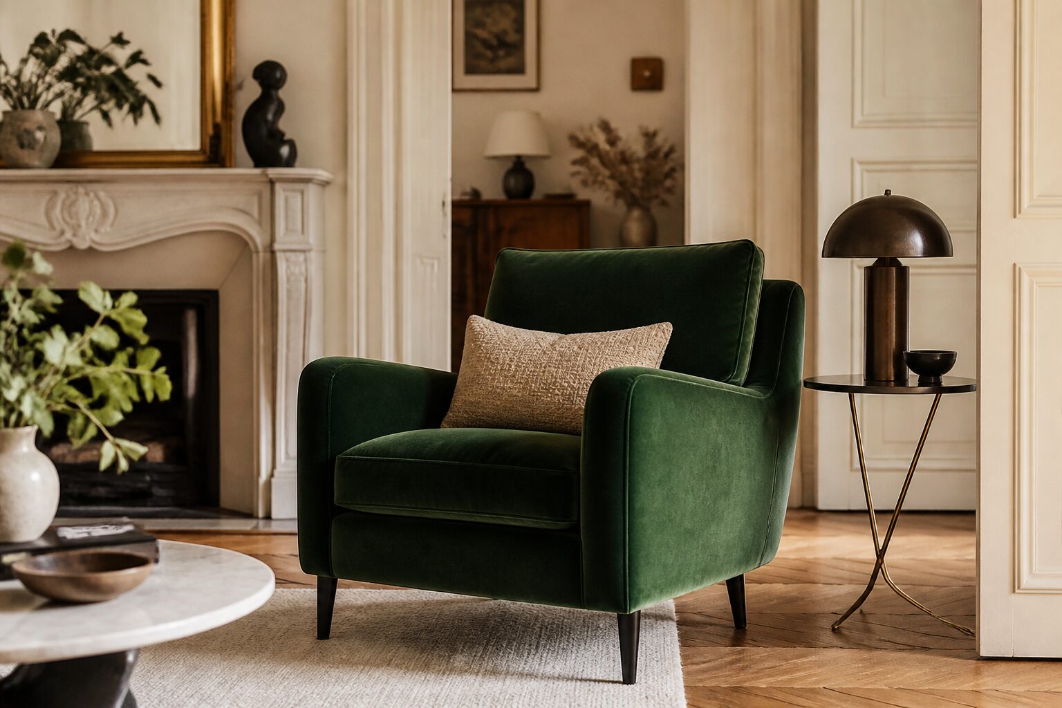 Fauteuil salon design original en velours dans un intérieur contemporain