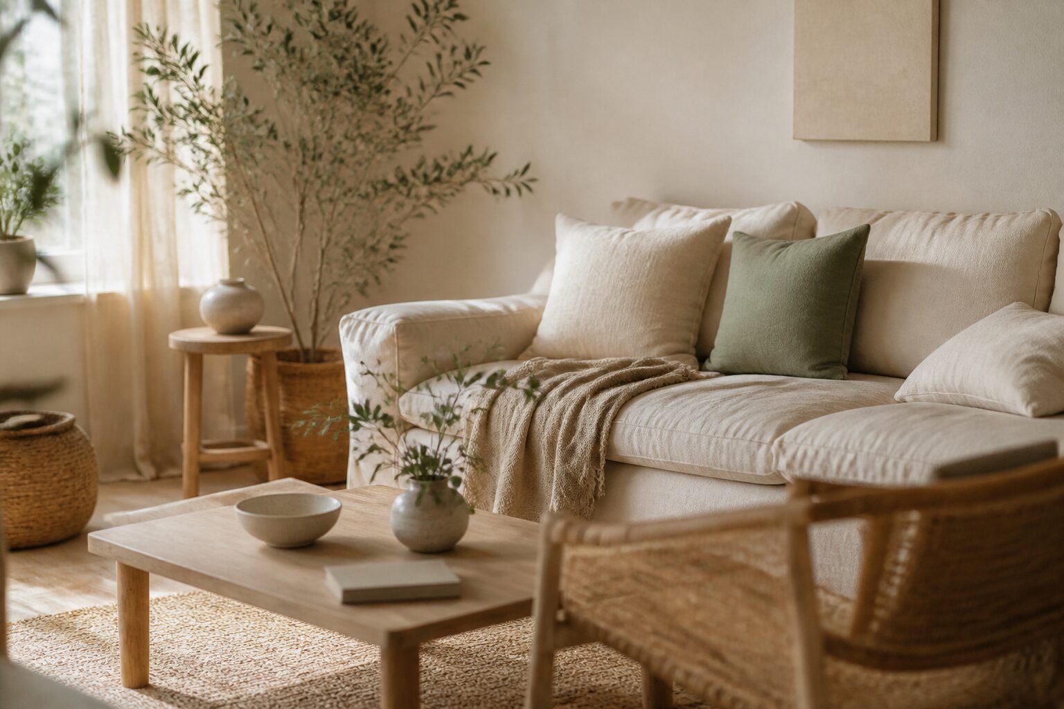 Un salon aux murs ivoire doux avec mobilier en lin et rotin