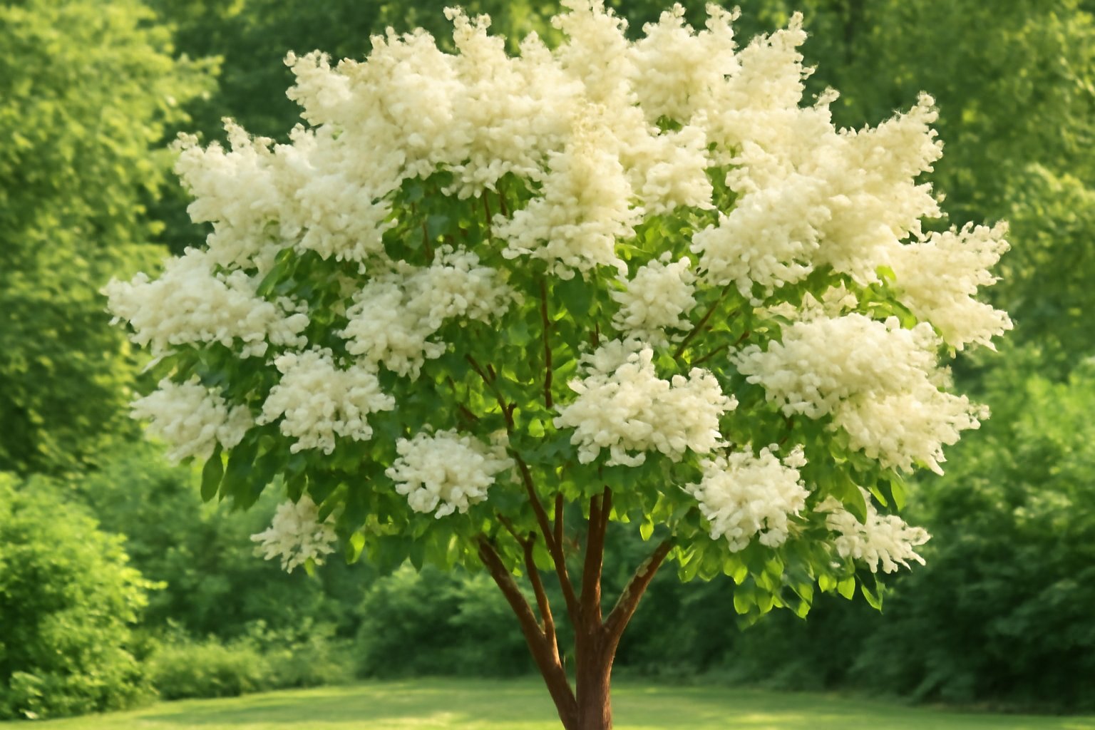 Arbre lilas du Japon en floraison estivale avec grandes panicules blanc crème dans un jardin