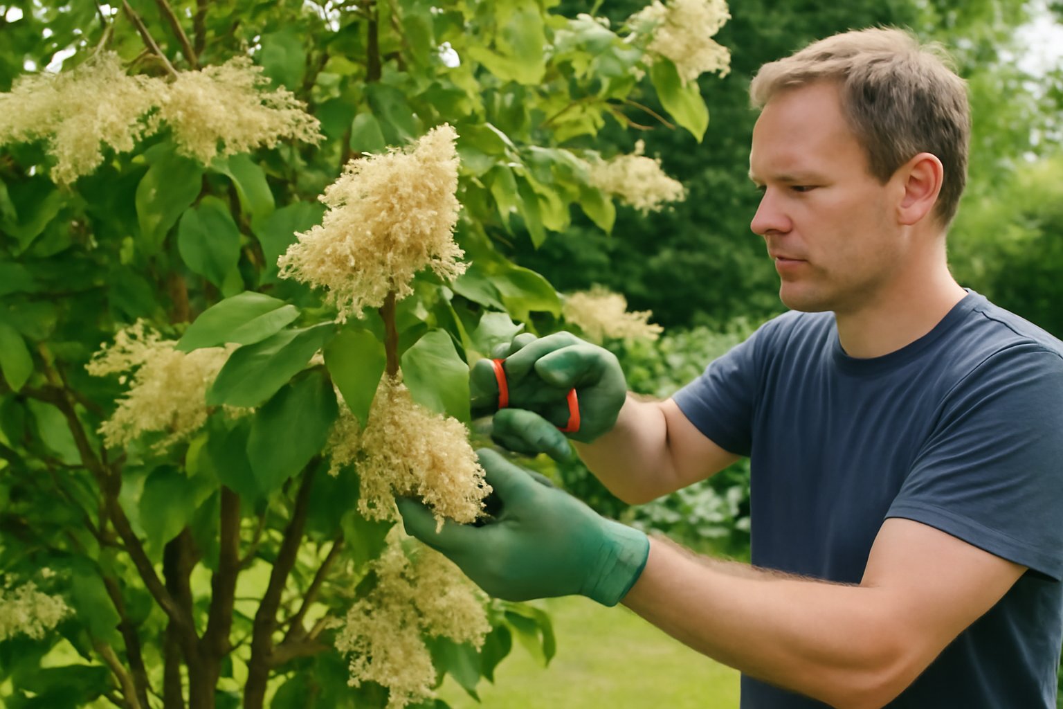 Taille du lilas du Japon après floraison avec sécateur, panicules fanées à supprimer