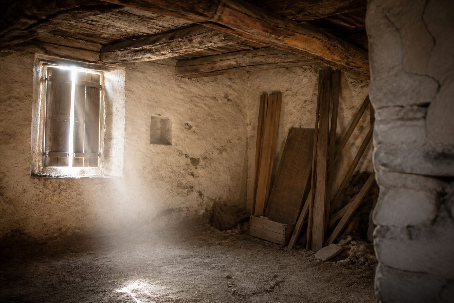 Intérieur de maison abandonnée lumière naturelle Vue intérieure d'une maison abandonnée à donner avec lumière naturelle traversant les volets