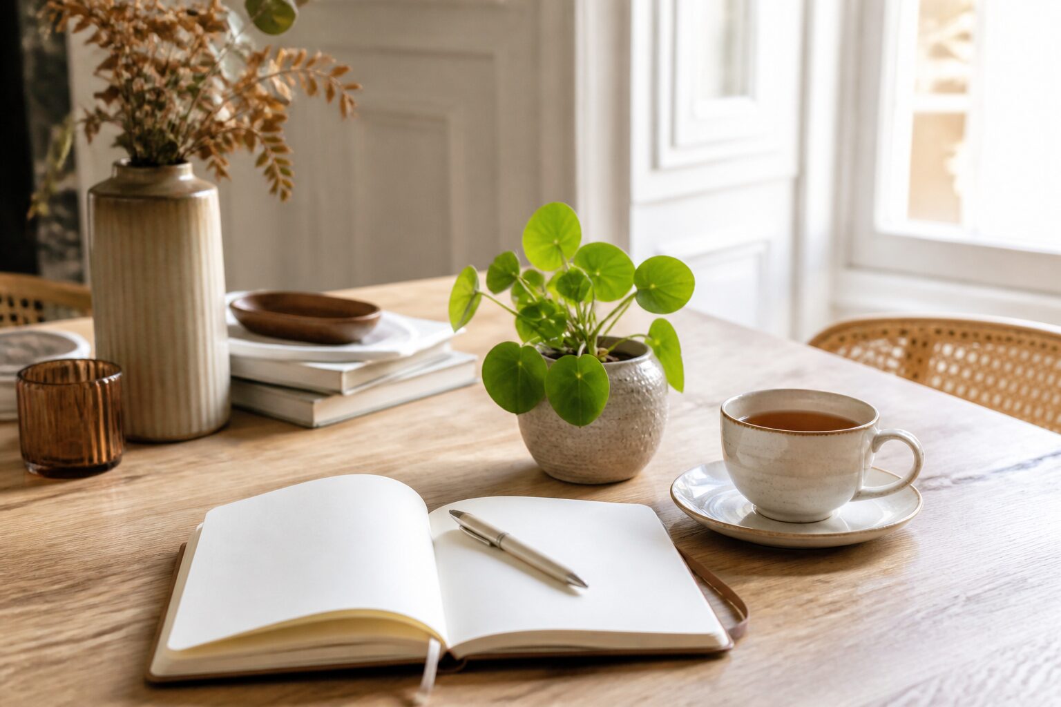 Coin bureau cosy avec carnet et plante