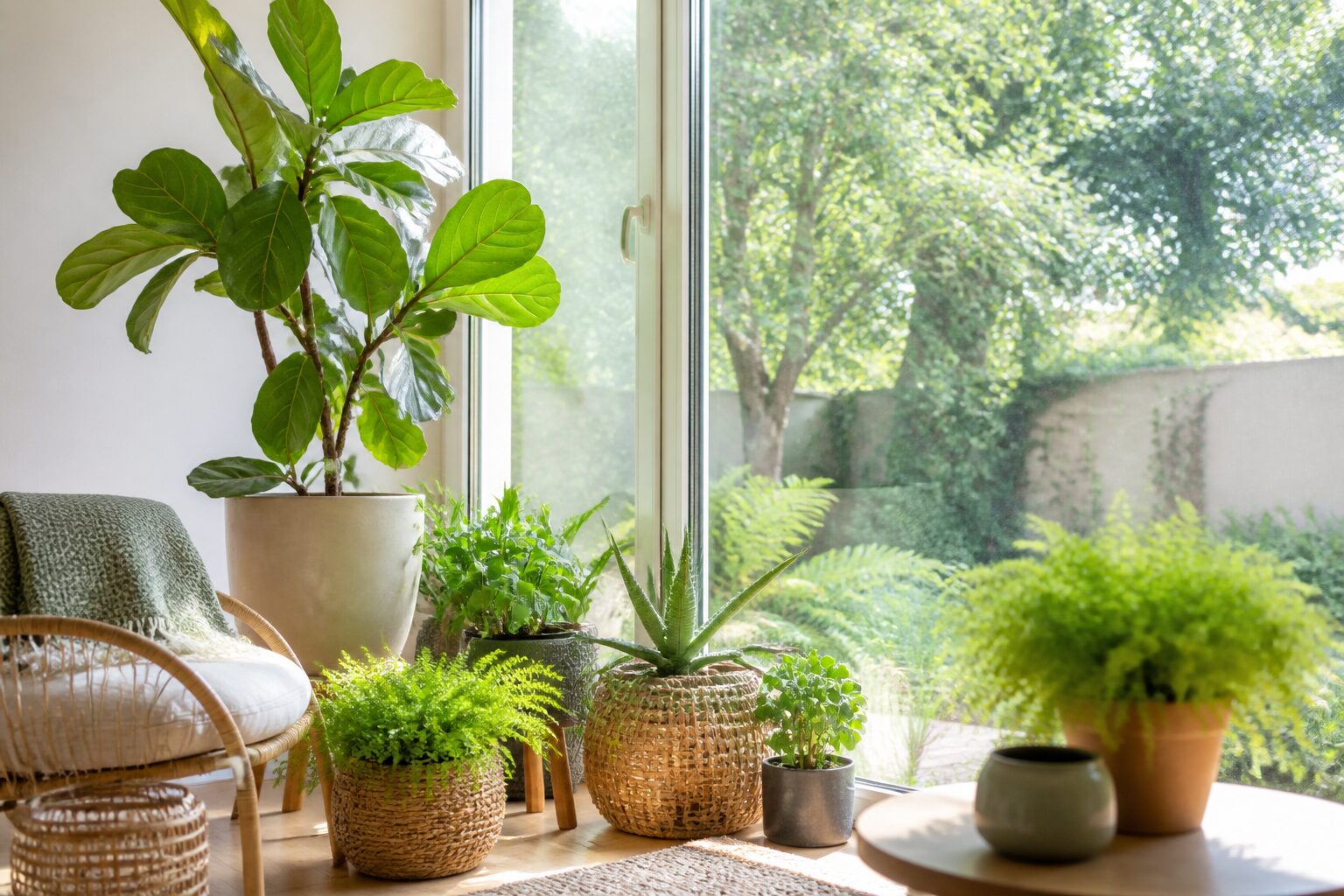 Plantes d'intérieur près d'une fenêtre sur jardin