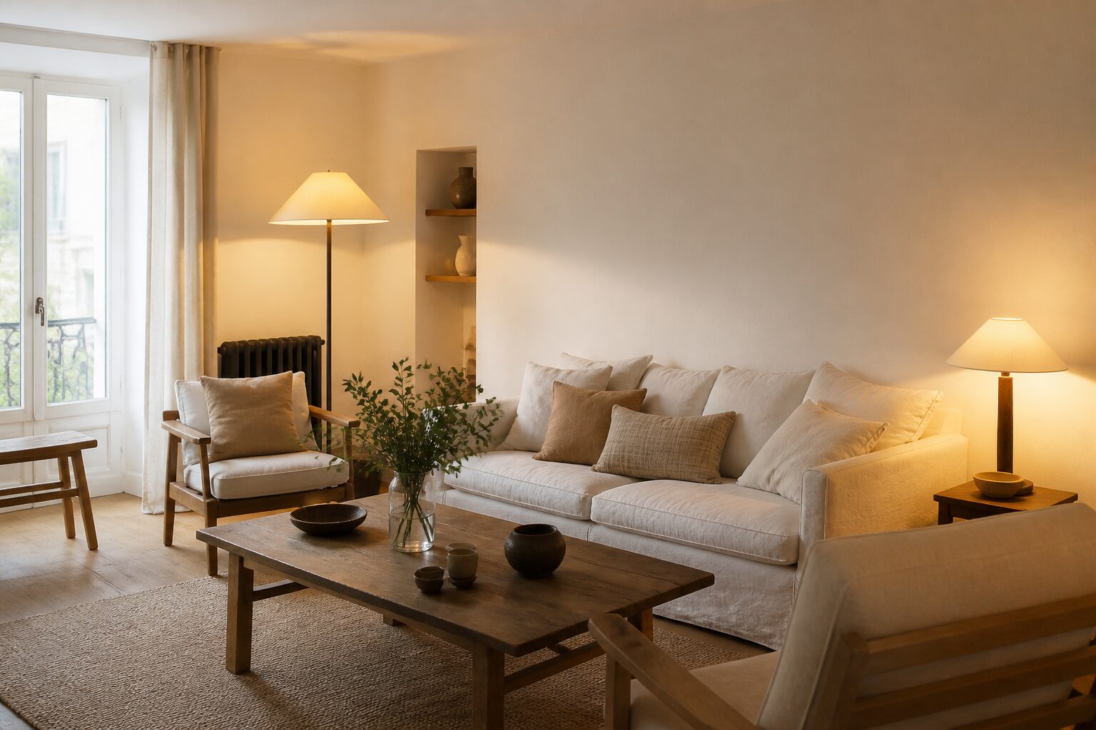 Salon rénové avec isolation thermique de qualité, ambiance chaleureuse et murs blancs