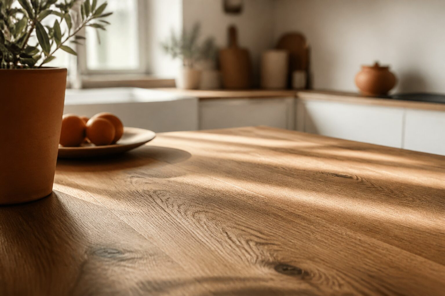 Gros plan sur un plan de travail en chêne massif huilé dans une cuisine blanche, grain et texture naturels
