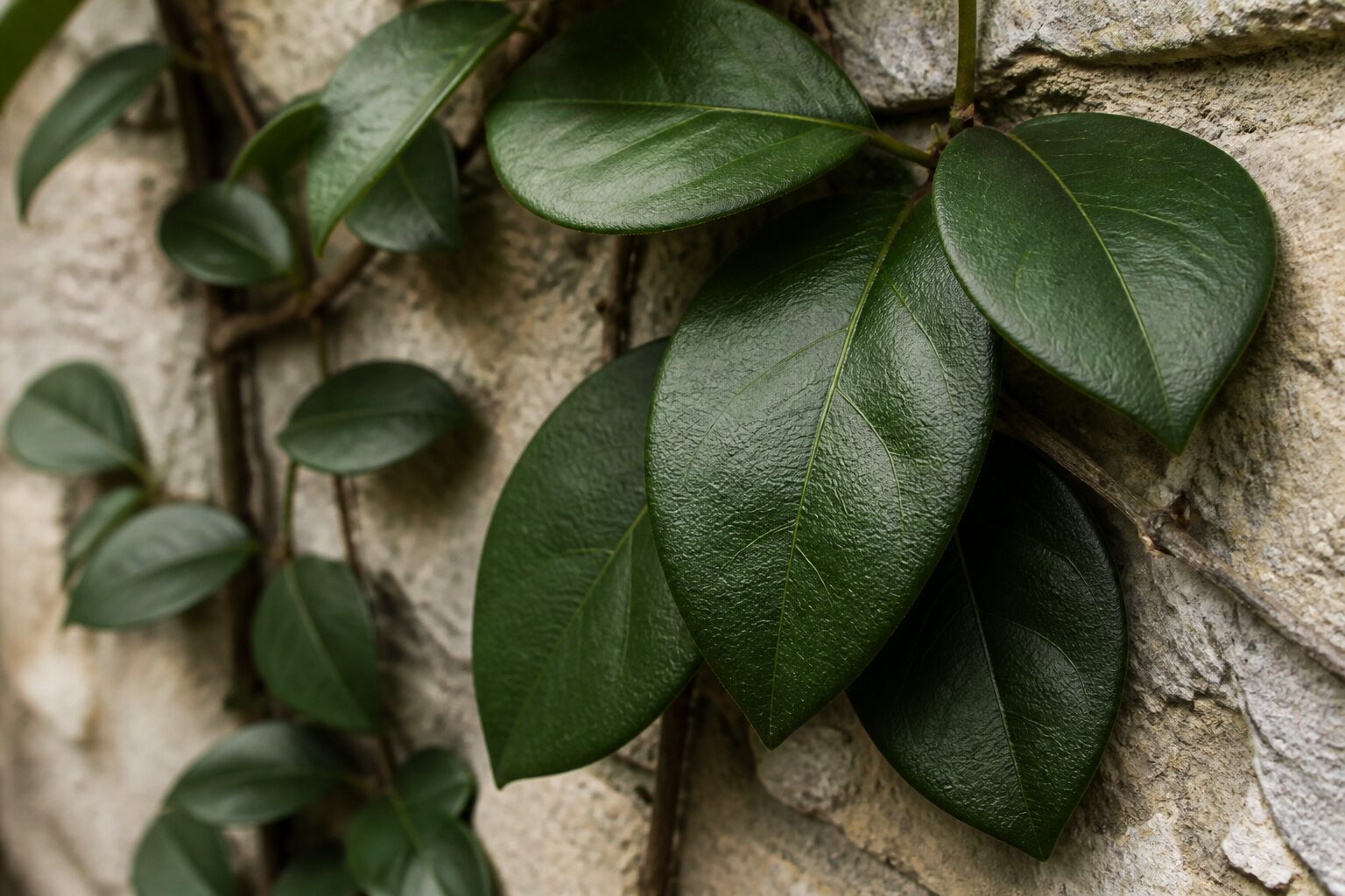 Détail d'un feuillage de grimpante persistante vert foncé brillant contre un mur de pierre, plan rapproché, lumière naturelle douce