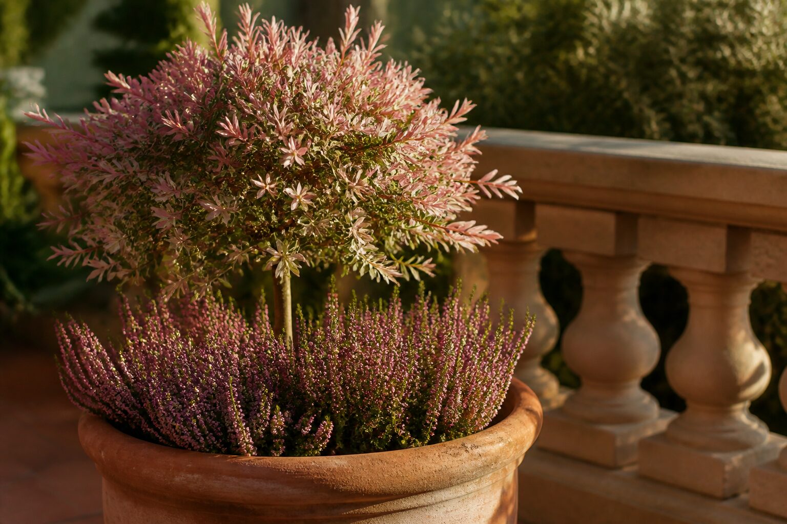 alt saule crevette sur tige rustique en pot sur terrasse