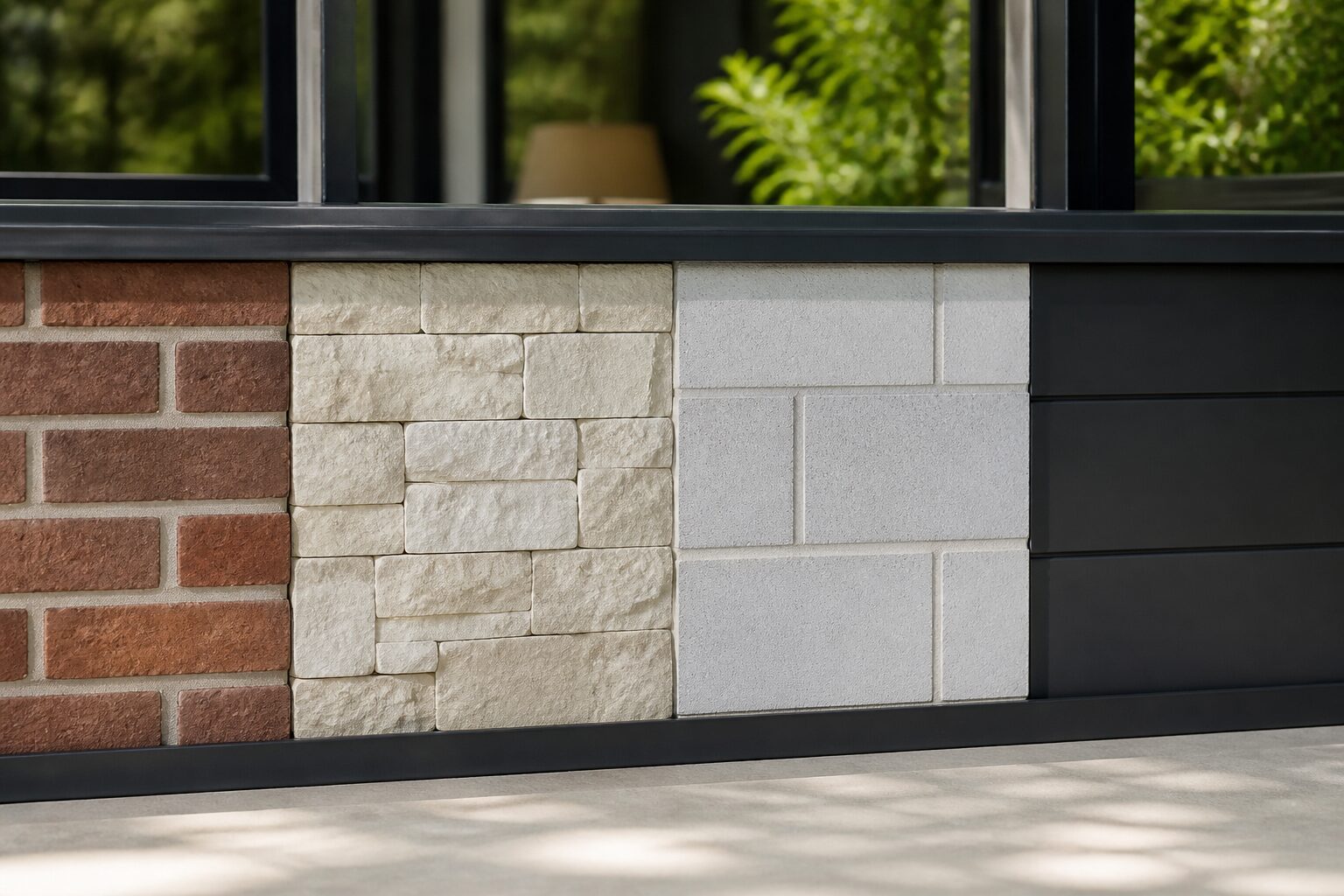 Échantillons de matériaux pour muret de véranda : brique, pierre, béton cellulaire et aluminium