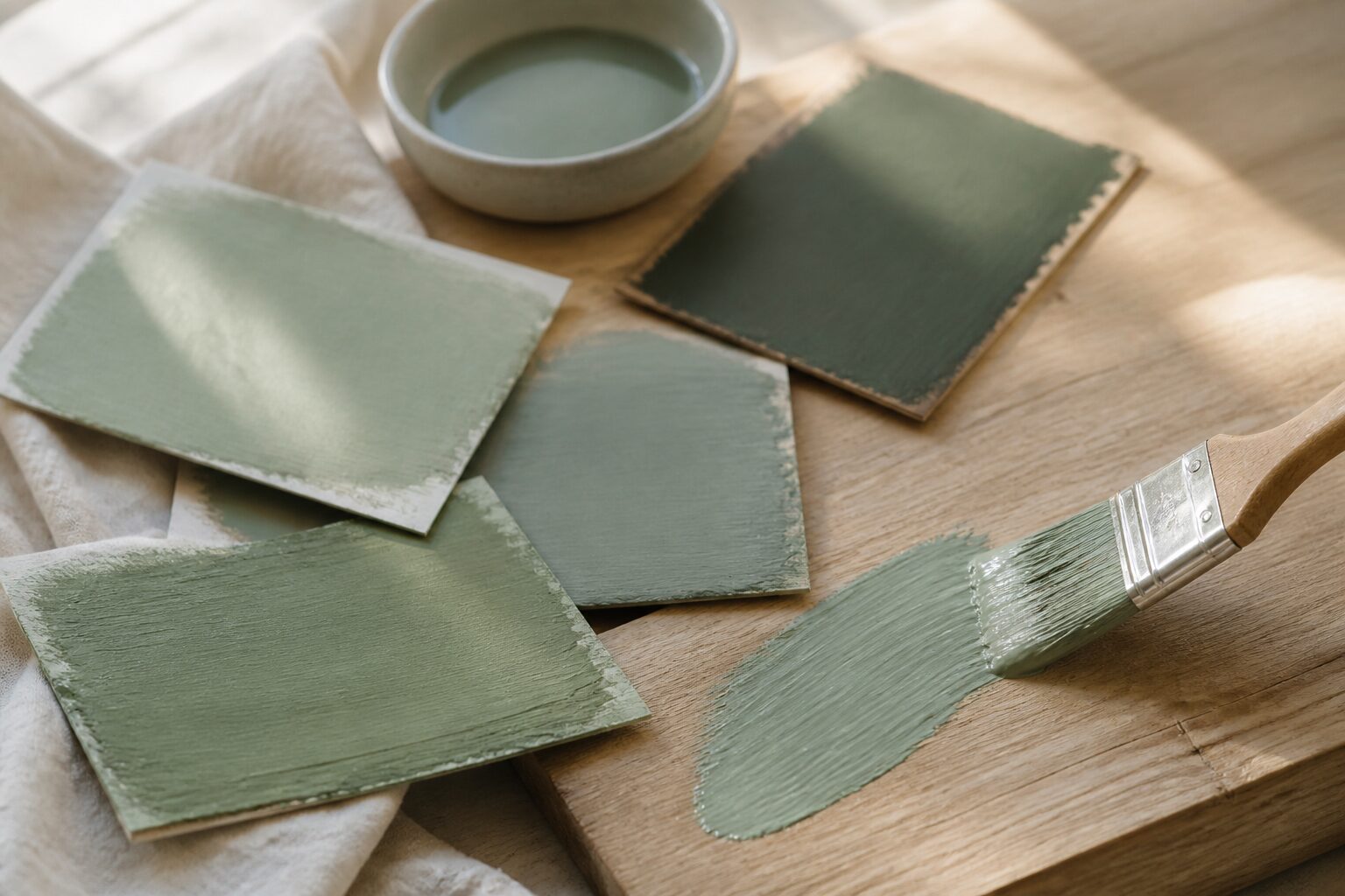 Echantillons de peinture vert sauge en nuances claires et soutenues sur bois naturel