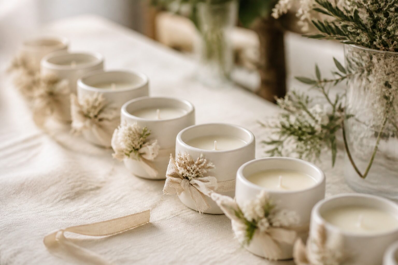 Bougies personnalisées mariage et baptême, étiquette prénom et photo, fond lin