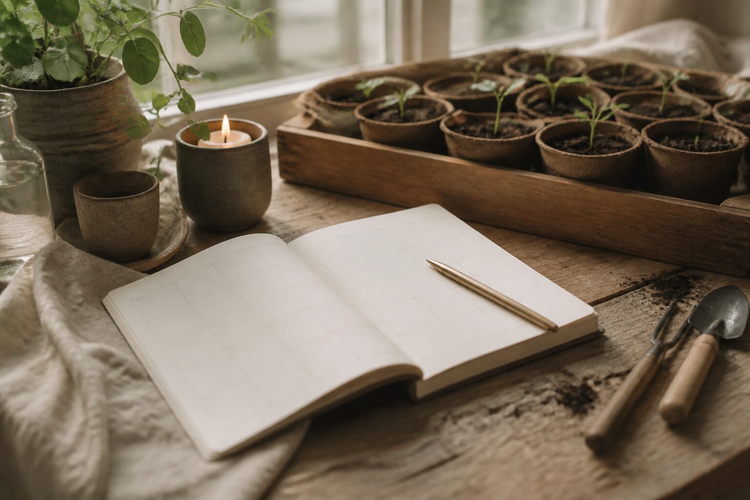 Calendrier ouvert sur une table en bois avec un stylo et des petits plants en godets, lumière de fenêtre douce, palette lin et vert sauge, ambiance jardinage planifié
