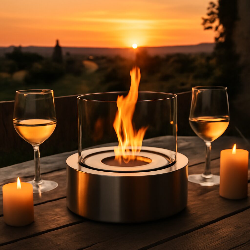 Cheminée de table ronde en acier brossé posée sur une table de terrasse en bois au coucher du soleil, avec verres et bougies