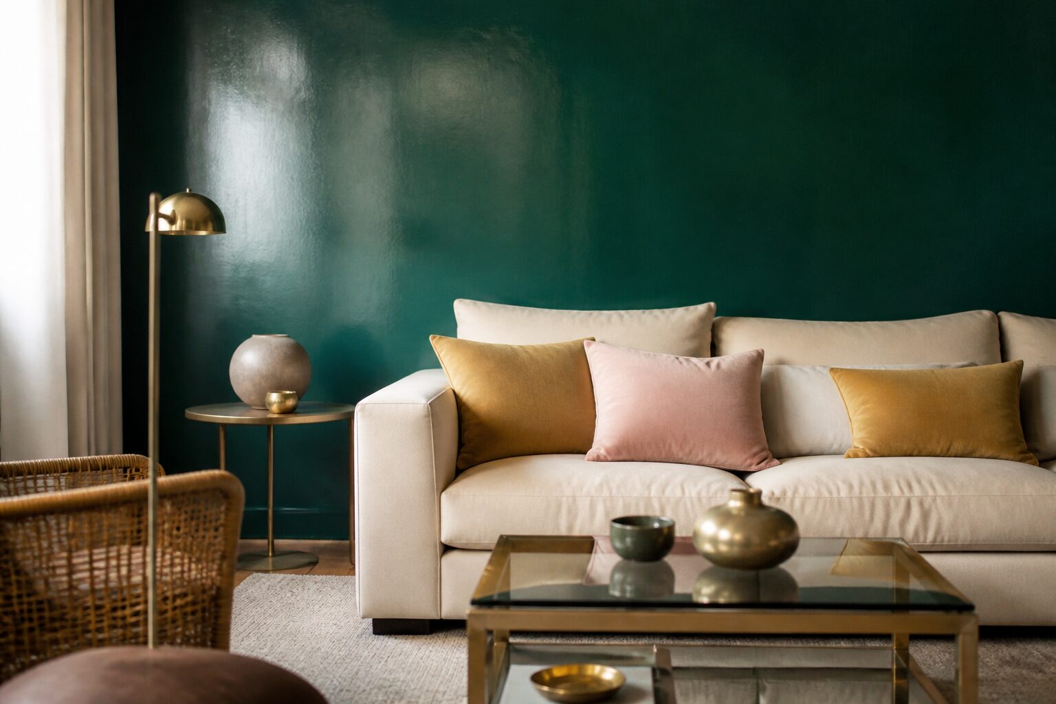 Intérieur déco avec coussin émeraude et mur écru dans un salon chaleureux