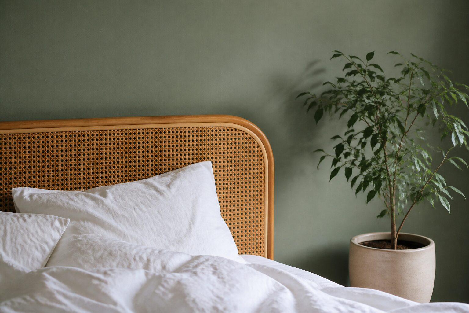 Zoom sur un mur peint en vert sauge derrière une tête de lit en rotin avec linge de lit en coton blanc, détail matière plante verte en pot, lumière de fenêtre latérale douce