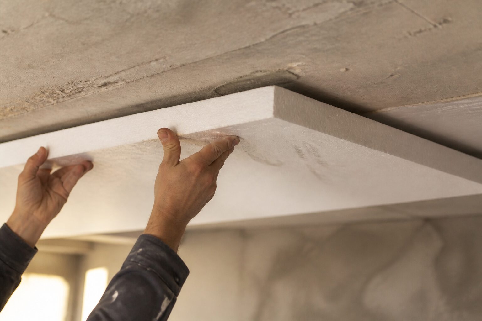 Isolation plafond garage par la pose de laine de roche entre solives bois, lumière naturelle chaude