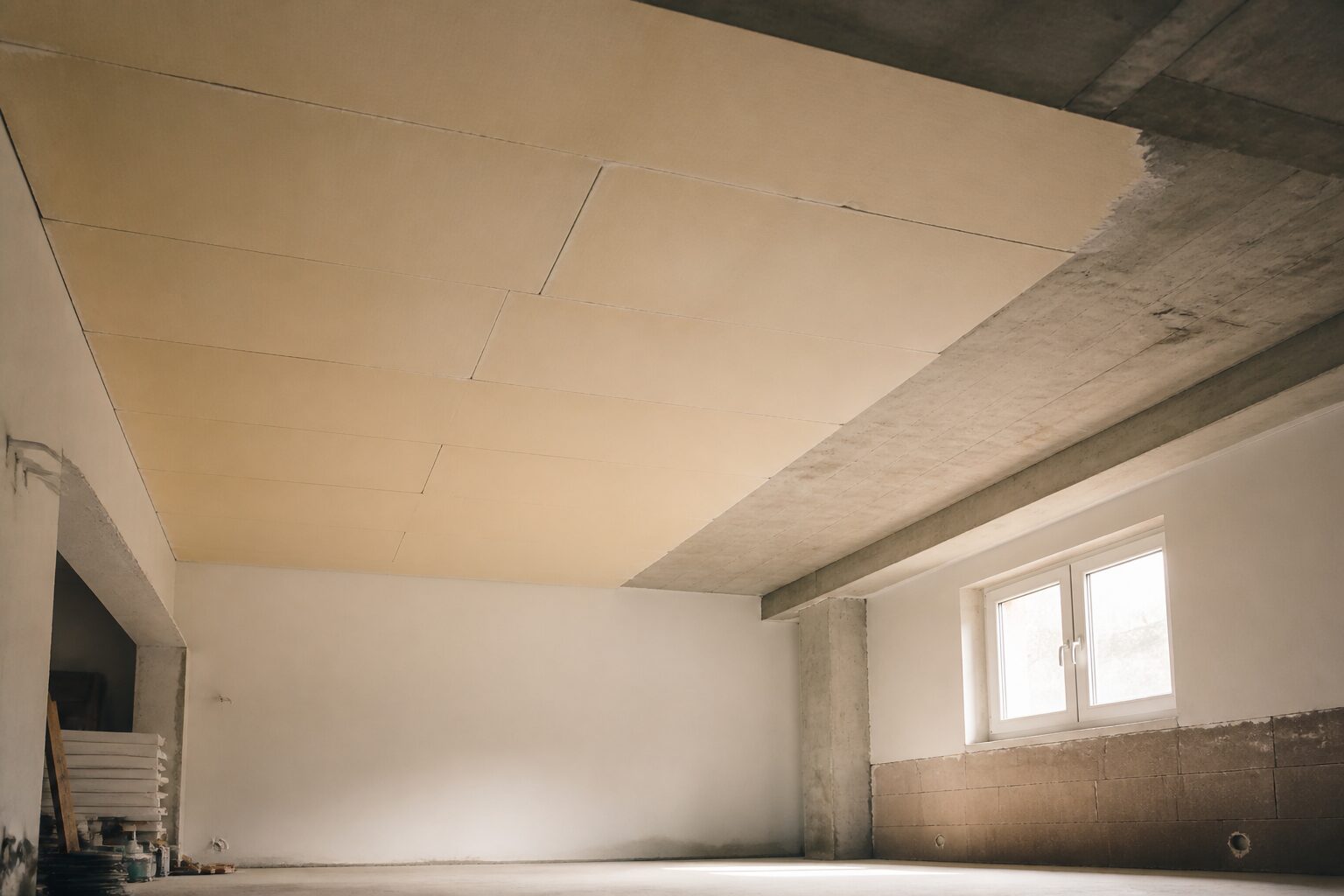 Plafond de garage avec panneaux isolants en polyuréthane collés, isolation plafond garage