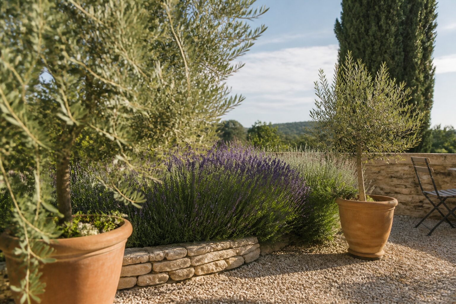 Jardin méditerranéen avec gravier blanc, oliviers en pot et massif de lavande sous lumière provençale dorée