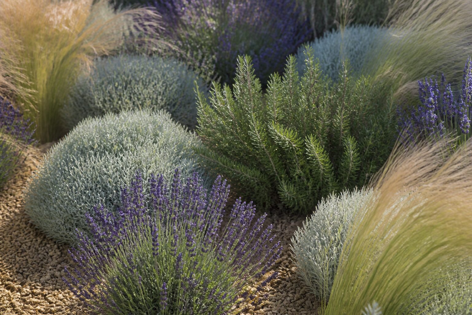 Massif méditerranéen moderne avec lavande, romarin, santoline argentée et graminées Stipa sur gravier ocre, lumière chaude, ambiance jardin contemporain