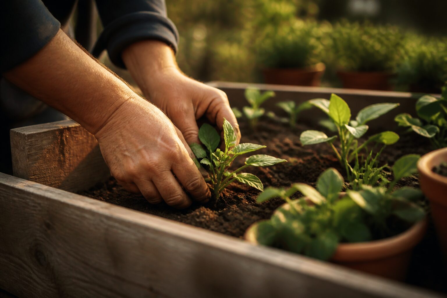 jardinage potager mains plantant jeunes plants en bac bois