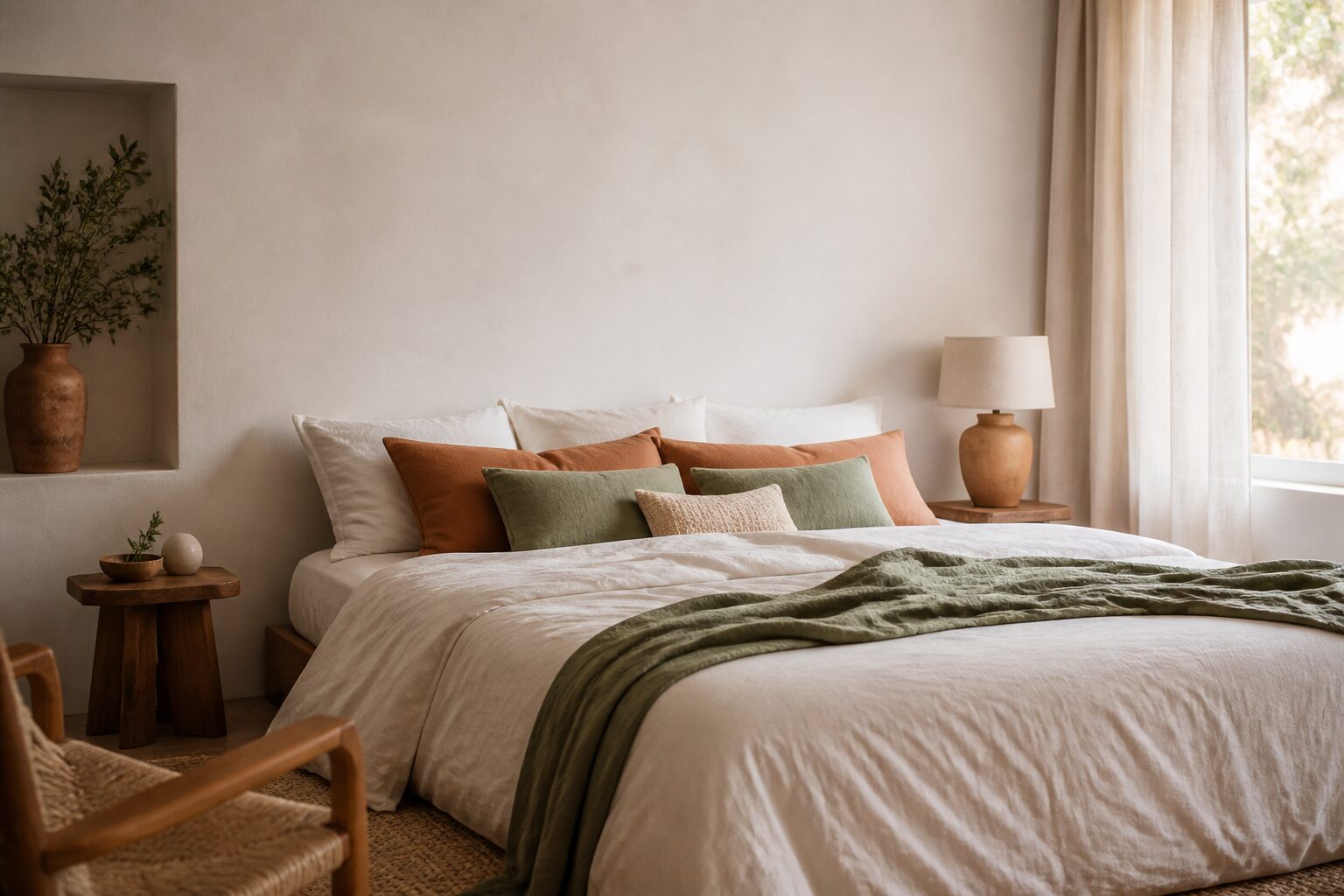 Chambre lumineuse avec lit king size en lin naturel