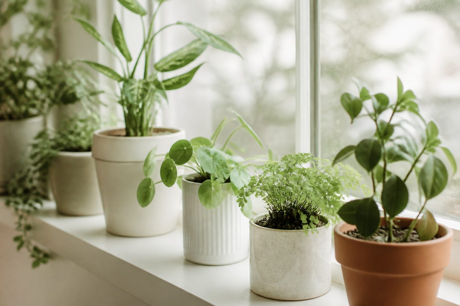 Plantes d'intérieur saines sur un rebord de fenêtre lumineux, terreau sec visible