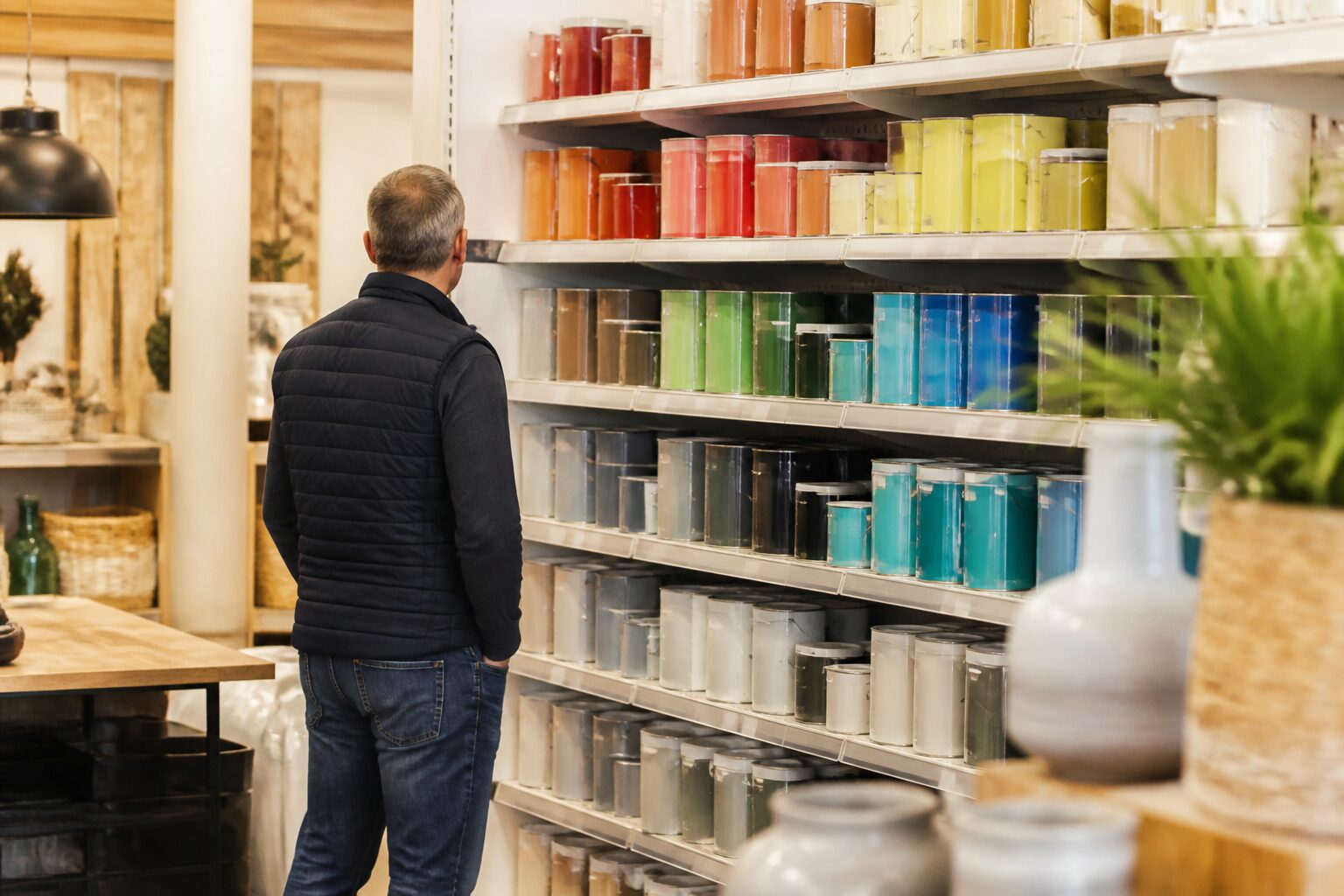 Rayon outillage et peinture d'un grand magasin de bricolage français, produits bien rangés, lumière naturelle, tons chauds