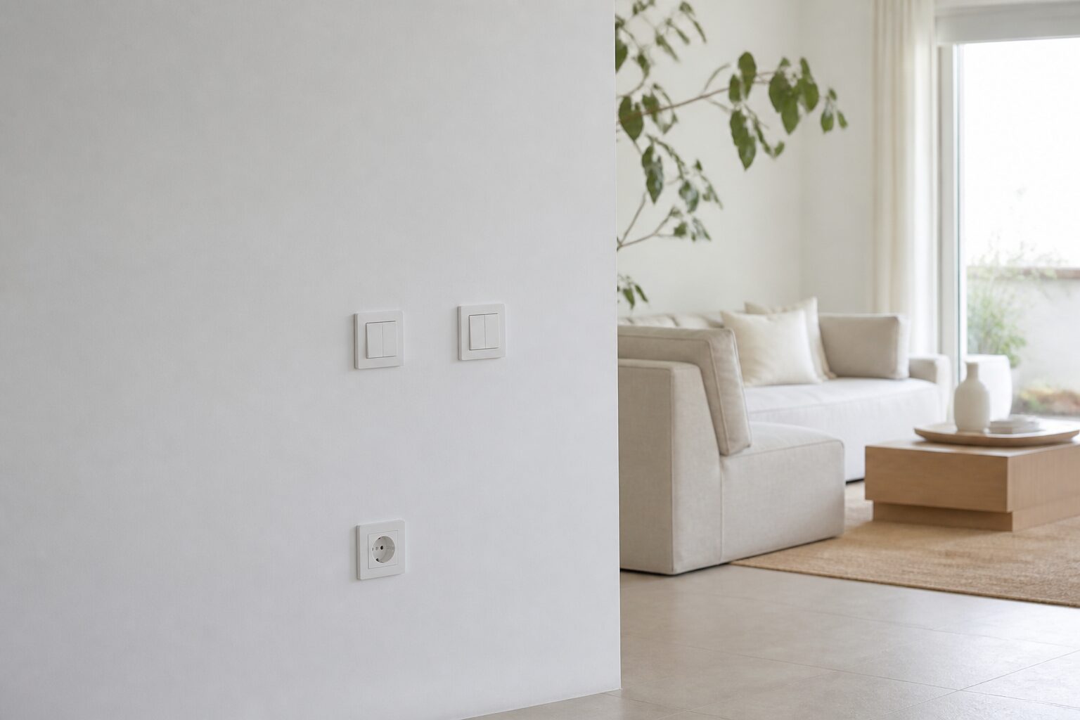 Mur de couloir avec interrupteur encastré à 110 cm, décoration épurée, palette tons naturels lin et blanc cassé