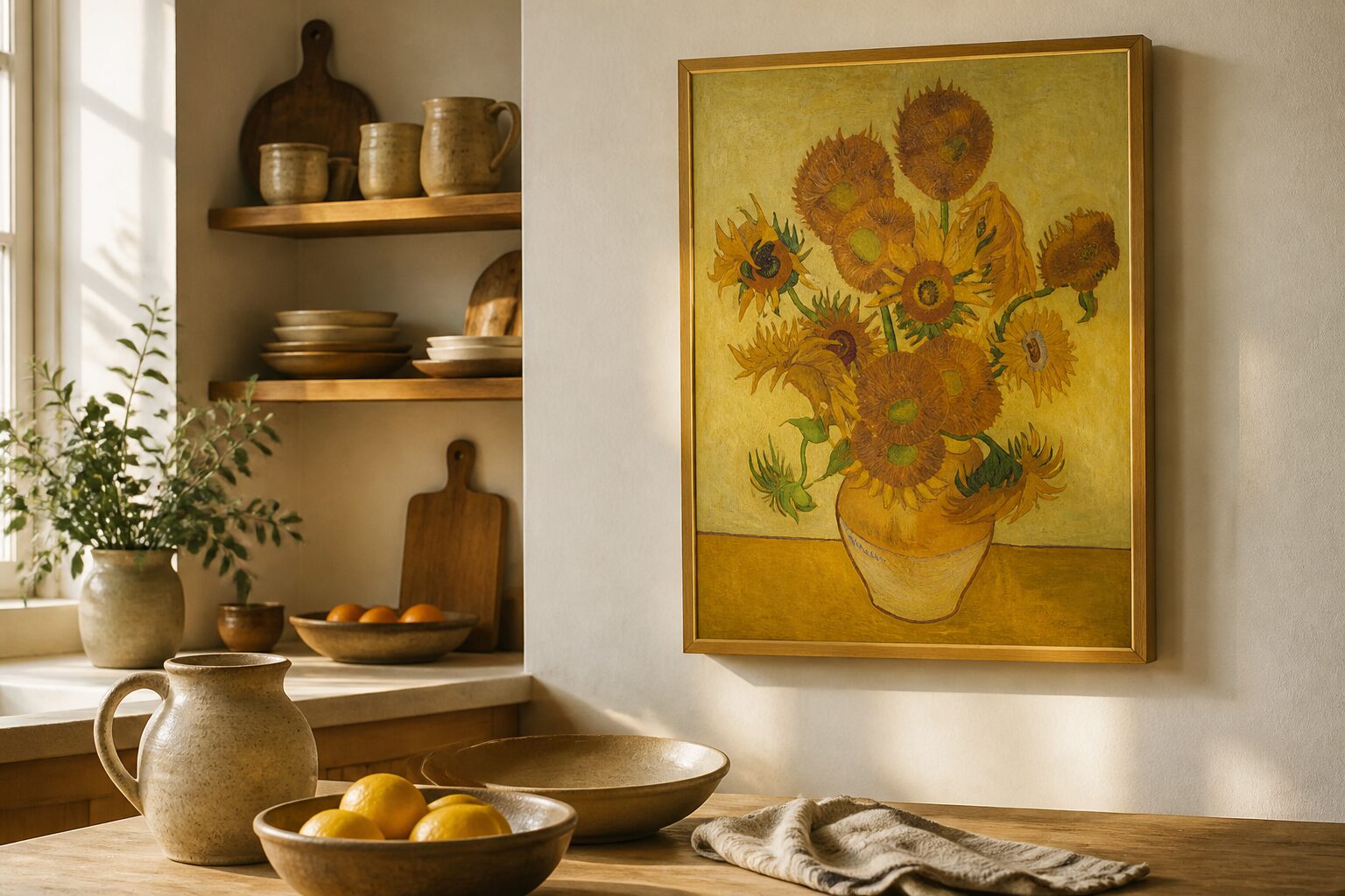 Reproduction tableau Van Gogh Les Tournesols dans une cuisine lumineuse avec mobilier en lin et bois naturel