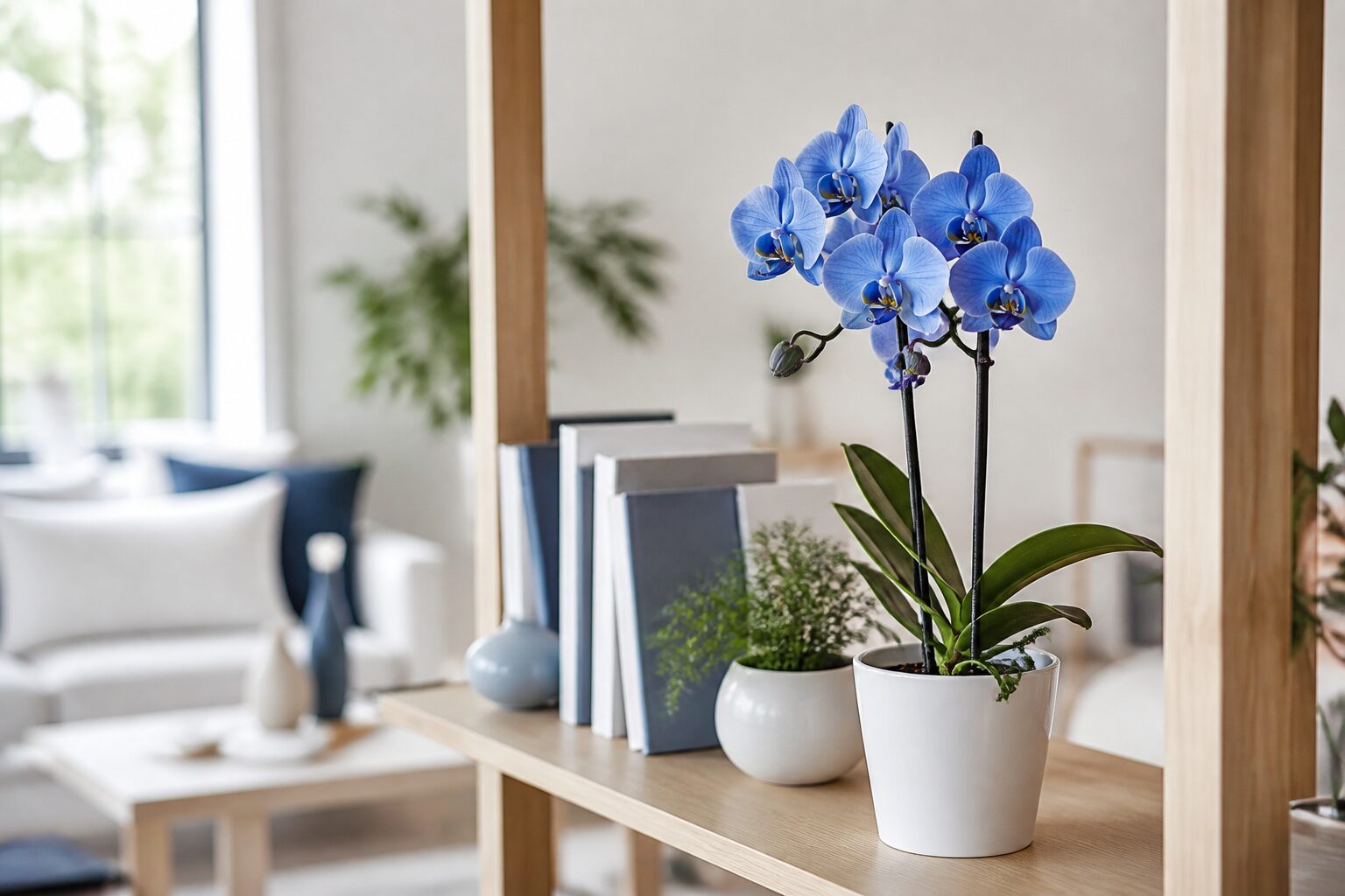 Orchidée bleue phalaenopsis sur une étagère en bois dans un intérieur scandinave lumineux, lumière naturelle douce
