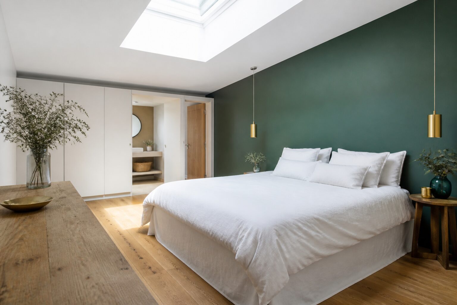 Chambre adulte moderne avec mur en vert botanique profond, parquet en chêne clair, literie en coton blanc, lumière naturelle de fenêtre zénithale, style contemporain français