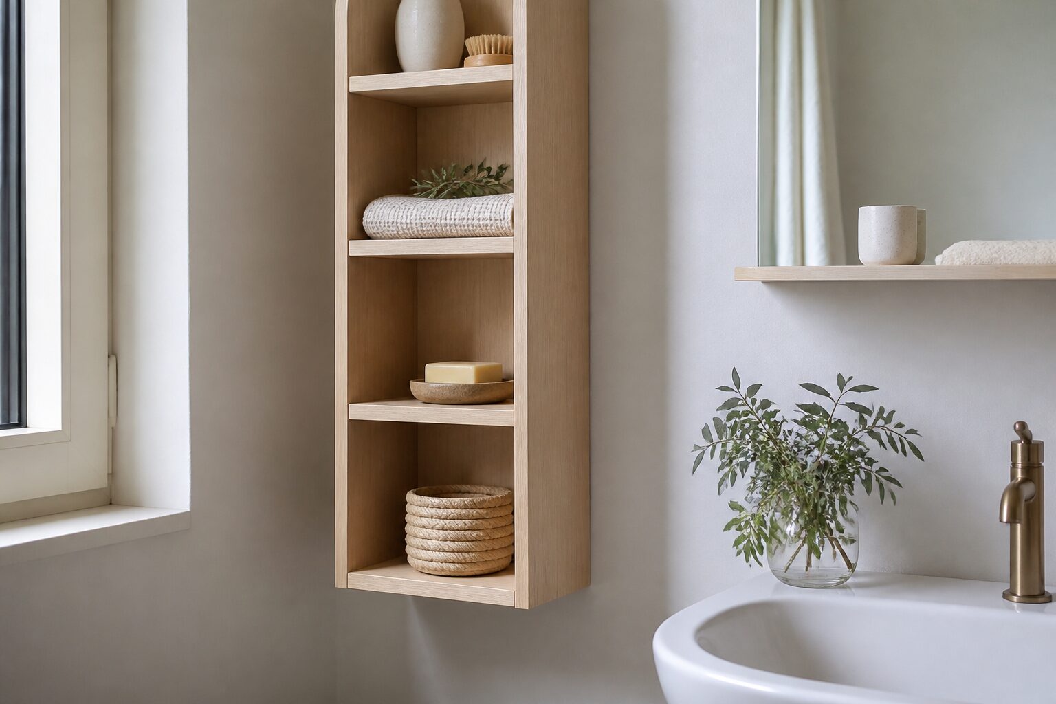 Petite salle de bain avec rangement vertical suspendu et douche italienne