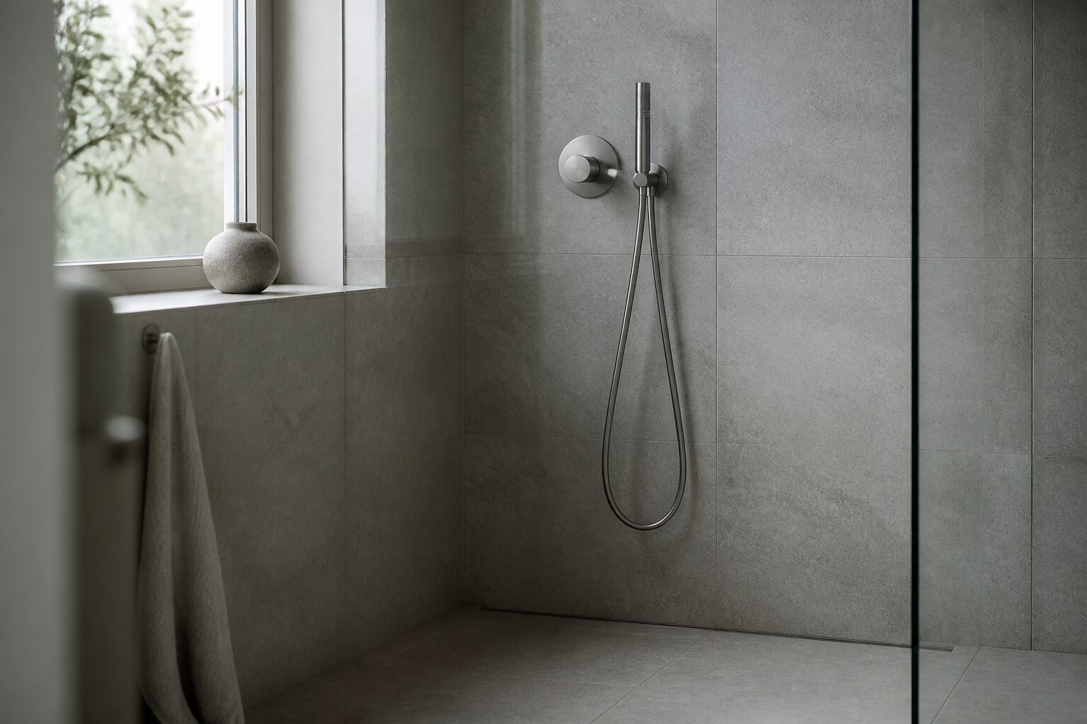 Ambiance couleur petite salle de bain moderne avec palette grise et naturelle