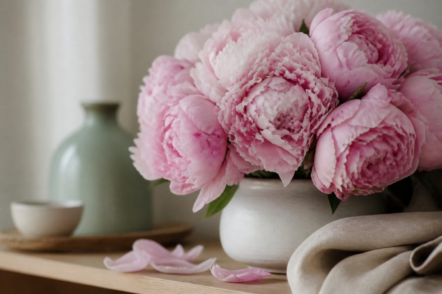 Gros plan sur des pivoines roses dans un vase en céramique
