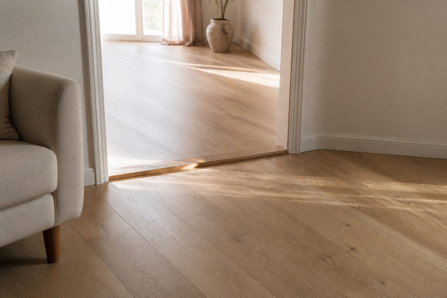 Poser le parquet flottant : finition propre avec plinthe blanche et barre de seuil, salon lumineux, lumière naturelle rasante