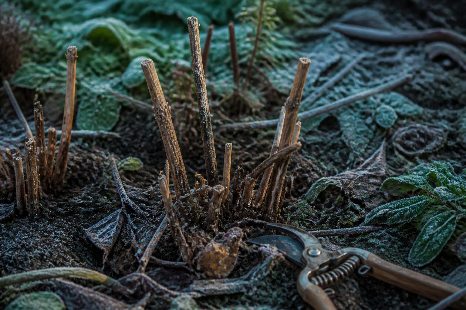 Tiges de framboisier sélectionnées en hiver dans un jardin potager, mains avec gants verts, cadrage serré sur la coupe au sécateur, lumière froide naturelle